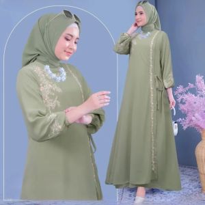 Gamis Bordiran Terbaru Mewah Ganisha Dres KF Ceruty Babydoll Aplikasi Bordir M L XL XXL Dress Kondangan Kekinian Jumbo Baju Muslimah Wanita Ootd Remaja Viral Warna Burgundy Hitam Sage Denim Mauve