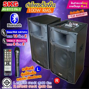 ลำโพง 12 นิ้ว 100W RMS ลำโพงที่ขนาดมีตั้งพื้น ลำโพงสุดยอดเบสแน่นๆ รุ่น AV-8113 PA-1 สีดำ รูปแบบสีสดง ซ้าย-ขวา ลำโพง ตู้ลำโพง ลำโพงเบสหนักๆ คุณสมบัติ SKG