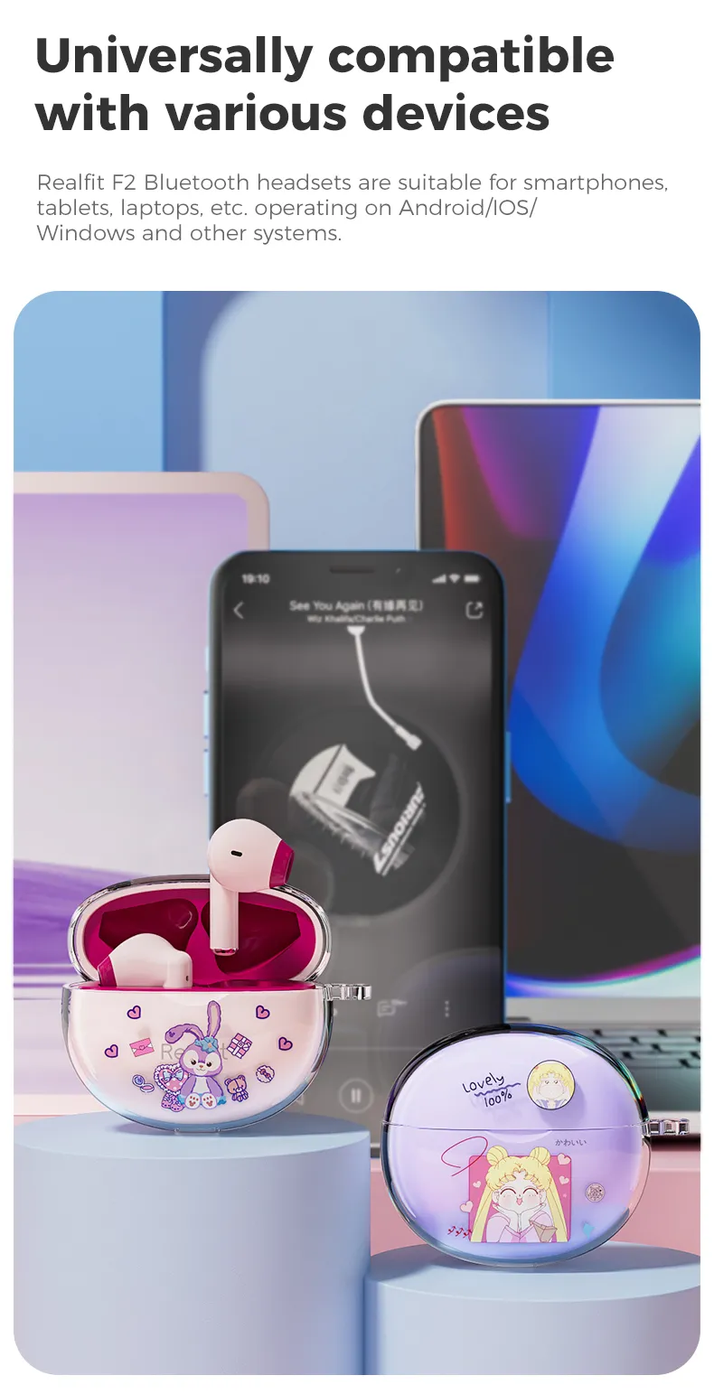 realfit F2 หูฟังบลูทูธเบสที่ยอดเยี่ยมหูฟังไร้สายพร้อมไมโครโฟน 5H เล่นยาวสไตล์เดียวกันกับ Bass หูฟัง Lenovo LP40 Pro