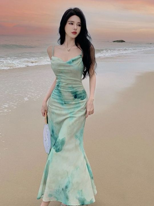 korean style dress green 2024 Green Floral Casual Beach Sexy Mini Dress Women Chic Ruffled Elegant  Party Dresses Summer Korean Style One Piece Night Robe