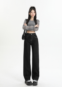 Celana jeans terbaru gaya Korea rok hitam retro pinggang tinggi 9011