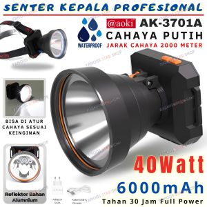 Senter Kepala 40W AOKI AK-3701A ORI Cahaya Putih Tahan 30 Jam Baterai 6000mAh Cas Isi Ulang Tipe-C Reflektor Alumunium