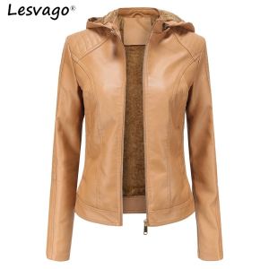 Lesvago 2023 Thicken Winter PU Leather Jacket Women Hooded Fur Lining Coat Female Slim Womens Leather Jacket Motorcycle Hoodies Jacket