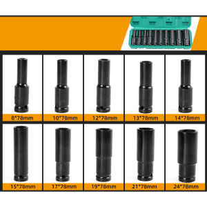ชุดลูกบล็อกยาว ชุดบล็อก ชุดประแจไฟฟ้า ลูกบล็อคลมยาว ลูกบล็อกดำ 1/2 4หุน ตัวยาว 10 ตัว /ชุด 8/10/12/13/14/16/17/19/22/24mm