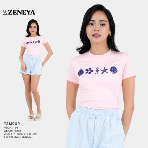 Zeneya Coastal Vibes Printed Slim Fit Short Sleeve Soft Cozy Tee Round Neck Women Casual Top Shirt