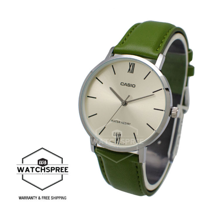 Watchspree Casio Men s Analog Green Leather Strap Watch MTPVT01L