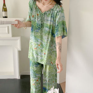 Yolo vải bông kiểu Trung Quốc Mới Pijama lụa nữ mùa hè cổ tích mùa xuân và mùa hè phong cách quốc gia mới cải tiến Hanfu ngắn tay cotton lụa nhà quần áo phù hợp với