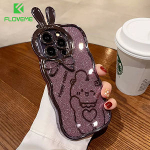 FLOVEME Luxury Plating Gritter Phone Case For iphone 14 13 12 Pro Max 14 Plus Love Rabbit With Lens Film All-inclusive Shockproof Back Cover For iphone 14 13 12