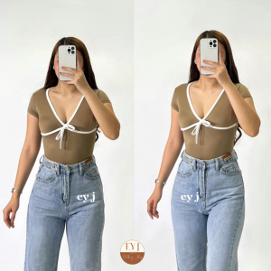 Dorly Rribbon Plunging Neckline Deep V Neck Short Sleeve Basic Casual Semi Crop Top Womenswear Comfortable