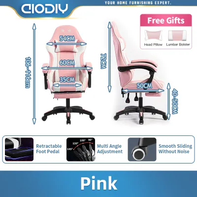 AIODIY Pink gaming chair computer chair freely adjustable height home office ergonomic chair with footstool and dual pillows