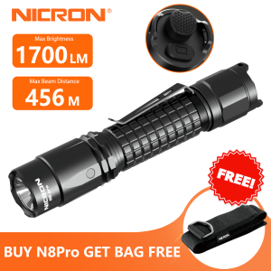 NICRON ไฟฉายแบบชาร์จไฟได้ N8pro ไฟฉายกล1700ลูเมนพร้อมการควบคุมสวิตช์คู่6โหมดไฟฉายกันน้ำ IP68ที่มีระยะห่างลำแสงยาว456เมตรพร้อมกระเป๋าไฟฉายสำหรับเกมยุทธวิธีกลางแจ้งการตั้งแคมป์การฉุกเฉิน EDC