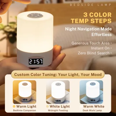 Dimmable LED Night Lamp with Clock Time Display 3Colour Touch Lights USB Dim Light Small Bedside Lamps Rechargeable
