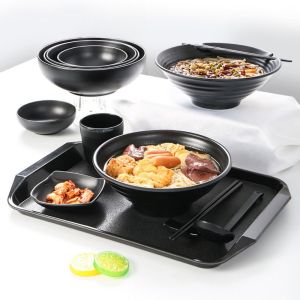 CANICECA Black Melamine Bowls Imitation Porcelain Japanese Style Food Containers Durable Fruit Salad Bowls Tableware