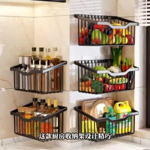 【Ship in 24H】免打孔厨房置物架壁挂墙上多功能调料架葱姜蒜收纳篮蔬菜沥水架子Non perforated kitchen storage rack wall mounted multifunctional20260716