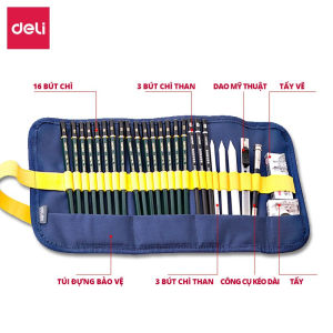 Bộ dụng cụ vẽ phác thảo cao cấp 27 phụ kiện Deli Thiết kế dạng túi cuộn tiện lợi vẽ chân dung phác thảo đánh bóng