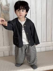 Boys denim jacket autumn clothing baby outfit 2026 Autumn Korean-style childrens clothing set: sweatshirt and sweatpants