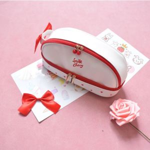 LYMEDIA Bear Pencil Case Strawberry Smile Cherry Double Layer Pen Pouch Cartoon Stationery Cute Pencil Bag Girl