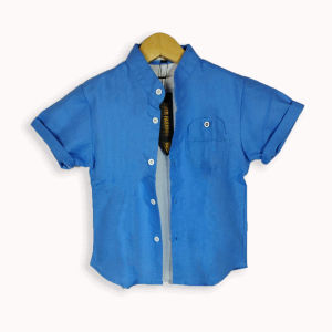 Kemeja Anak Blue Summer Tangan Pendek Laki Laki Bahan Linen Kerah Mandarin