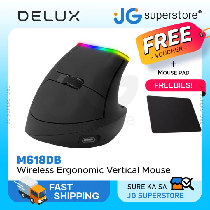 Delux M618DB Wireless Bluetooth Ergonomic Vertical Mouse 2.4GHz Silent Click RGB with Mute Button, 4000 DPI, USB Nano Receiver, 6 Buttons Rechargeable for Windows, macOS PAN3212 (Black) | JG Superstore