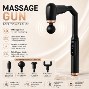 The Hakimi curved massage gun is suitable for back neck and shoulder massages and can be used as a handheld device
