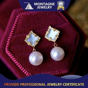 Montagne Jewelry 18k Pure Gold Earring for Women Four Leaf Clover Design Fine Jewellery Natural 7.5-8mm Akoya Pearl Earring Stud Earrings