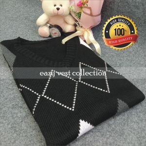 R33 - Rompi Rajut Pria & Wanita | Warna Hitam Motif Kotak Garis Abu Putih | Vest Bahan Premium 100%