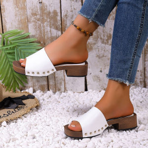 [Free Shipping] Retro And Minimalist Chunky-Heeled Slippers For Women Designed For Outdoor Wear Featuring A One-Strap Design And A New Summer 2026 Collection Of Mid-Heel Sandals For Women Made With Soft Leather