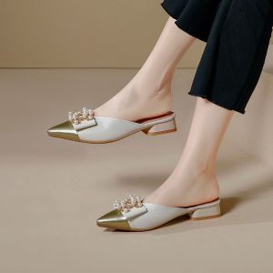Slipper Womens New Style 2024 Fashion Leather Low Heel Muller Shoes for Women