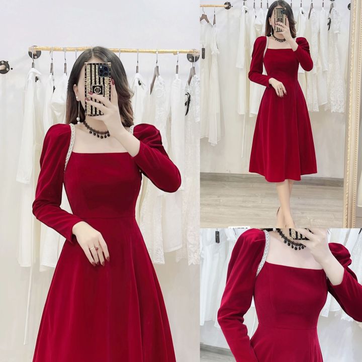Váy xòe nhung đỏ tay lỡ – V930 – Topvay Fashion