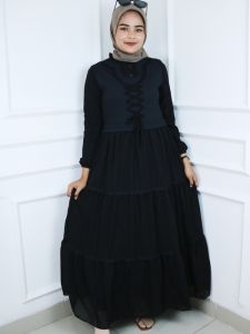 Gamis Terbaru 2023 Kekinian REBECCA DRESS Ceruty Mix Rib Knit Gamis Hitam Dres Muslim Simple Elegan