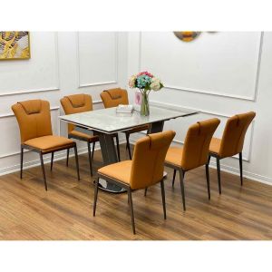 Bàn Ăn Nhập Khẩu Chân Chữ U Thép Mạ Titan Mặt Đá Ceramic Kéo Dài Gấp Cạnh Hiện Đại. Căn Hộ Chung Cư Gia Đình