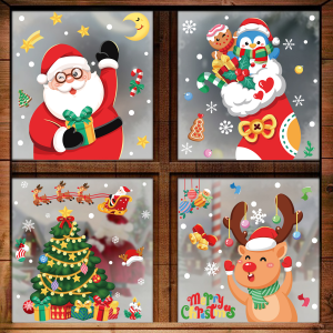 COMBO-Decal trang trí NOEL HÍT TĨNH ĐIỆN - Ông già noel và ba bạn phát túi quà to (4 tấm)-CDN106