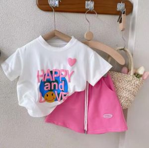 NEW FASHION ANAK PEREMPUAN/ONESET KAOS DAN CELANA PENDEK ANAK PEREMPUAN 1-5 TAHUN MOTIF HAPPY LOVE/OOTD ANAK KEKINIAN/BEST QUALITY