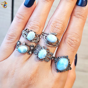 Premium Grade Blue Larimar Full S925 Silver Adjustable Ring (11 Types to Choose)