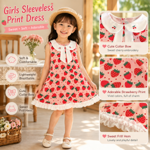 AILEBE Kids Dresses For Girls Sleeveless Cute Collar Lace Trim Dress Soft Comfortable 100% Colorful Prints Strawberry Floral Cherry Blossom Lightweight Breathable Summer Party OOTD Pambahay Baby Kids Girl Casual