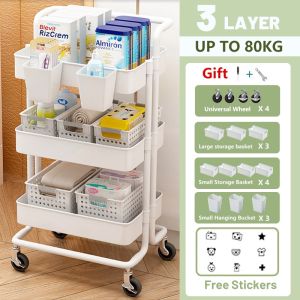 Bincoo 3 Tier Trolley Cart Organizer For Baby Trolley Cart Trolley Cart Organizer for Baby Organizer Storage Rack Shelf with Locking Wheels and Handle