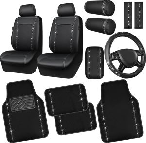 CAR PASS Bling Diamond Black Leather Steering Wheel Cover Studded Crystal Rhinestones Universal Fit 14" 1/2-15" Glitter for Women Sparkle Girl Fit SuvsSedansCarTrucks Silver Diamond