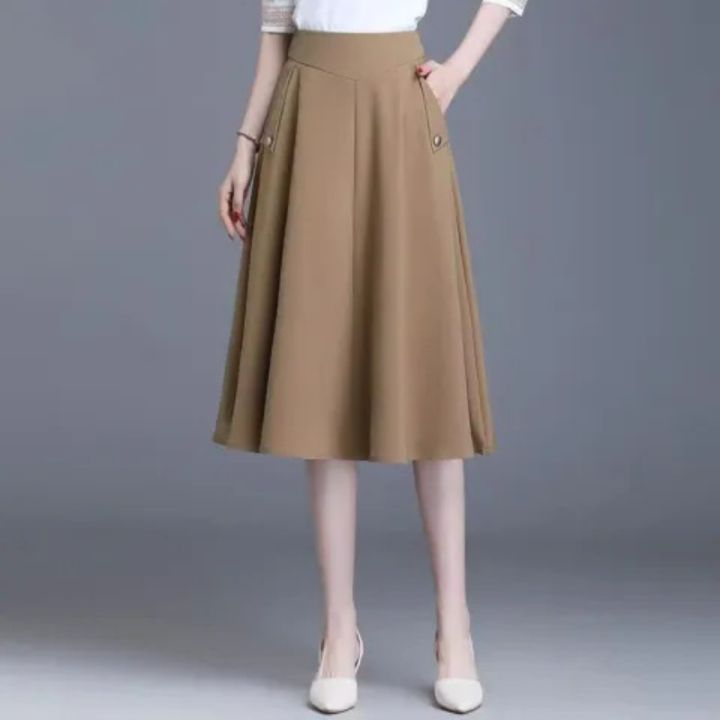 Plus Size Women High Waist A-Line Midi Skirt Women's Fashion Spring Summer  2025 Solid Color Elegant Slimming Skirts with Pocket Artistic Work Clothing 