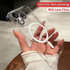 CrashStar With Lens Films MagSafe Ultra-thin HD Transparent Clear Hard PC Phone Case For iPhone 16 15 14 Pro Max Plus 13 12 Pro Max Wireless Charging Phone Casing Shockproof Phone Cover With Full Cover Lens Camera Protection Hot Sale