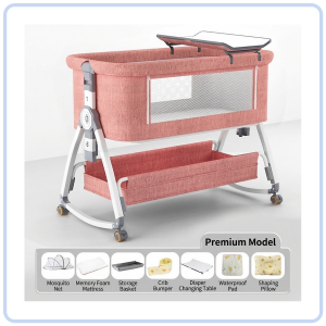 【Pure Care】 Rocking Baby Cot with Storage | Adjustable Cradle Bed with Wheels | Newborn Bassinet 0–3Y