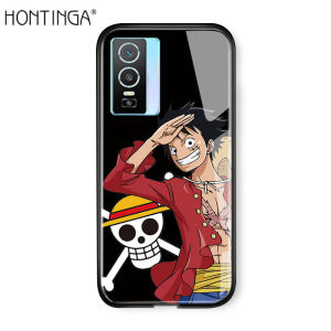 Hontinga Casing Case For VIVO Y76 5G Case Luxury Soft Edge Anime Casing Luffy Glossy Casing Tempered Glass Phone Case Shockproof Back Cover Casing Hard Case For Boys For Girls