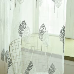 AnneyOneDecor Embroidered White Grey Leaves Sheer Curtain Tulle Door Window Curtain Voile Curtain for Sliding Door