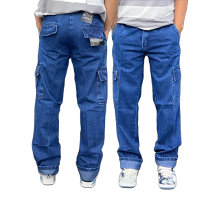 Celana Cargo Jeans Pria Panjang Reguler Blue Sunwash Long Pants Denim Kargo Gombrong Outdoor Gunung
