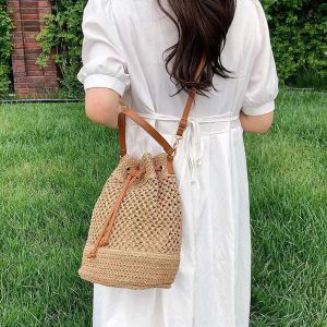 HYHFRDW Adjustable Straps Bucket Woven Bag Hollow Out Retro Drawstring Straw Bag Crossbody Bag Large Capacity Handbag Female
