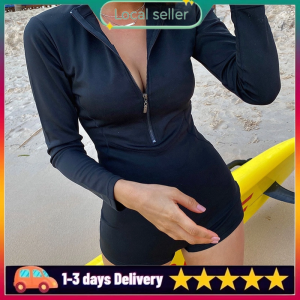 Rashguard Ocean Breeze Plain Zip-Up With String One Piece Women Swimsuit Rashguard Longsleeve Bathing Suit Plain Swimsuit Women Longsleeves Bodysuit Swimwear