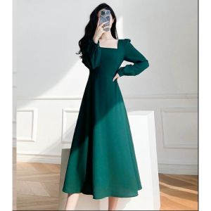 Korean dress vintage Midi dress simple Casual Rani lengan panjang