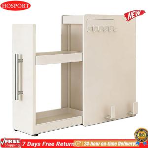 [HOM] Kitchen Narrow Side Countertop Storage Rack with Handle & Hooks Slide Out Spice Racks Organizer for Bathrooms Pantry Under Sink