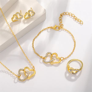5PCS Alloy Heart Jewelry Set Double Heart Necklace Jewelry Set Luxury Style Double Heart Jewelry Set Heart Accessories Gift for Women Elegant Jewelry Set Korean Jewelry Set Fashion Jewelry Women Valentine Gift Romantic Gift for Girlfriend Valentine Gift