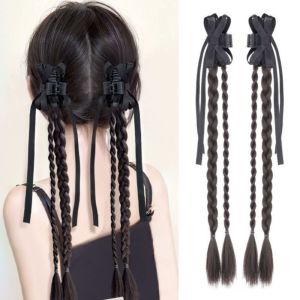 JEWELS1 2Pcs Ballet Style Black Bowknot Ponytail Boxing Braided Double Ponytail Twist Braid Wig Korean Style Natural Pony Tail Hairpiece for Women