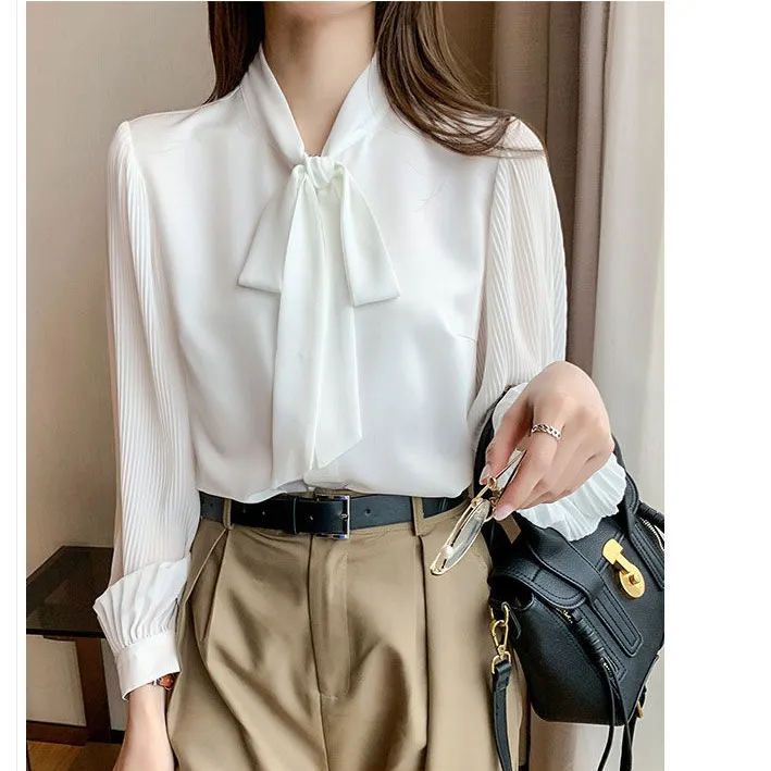 Women Bowtie Collar Long Sleeve Blouse Tops Korean Fashion OL Formal Shirt  S-3XL